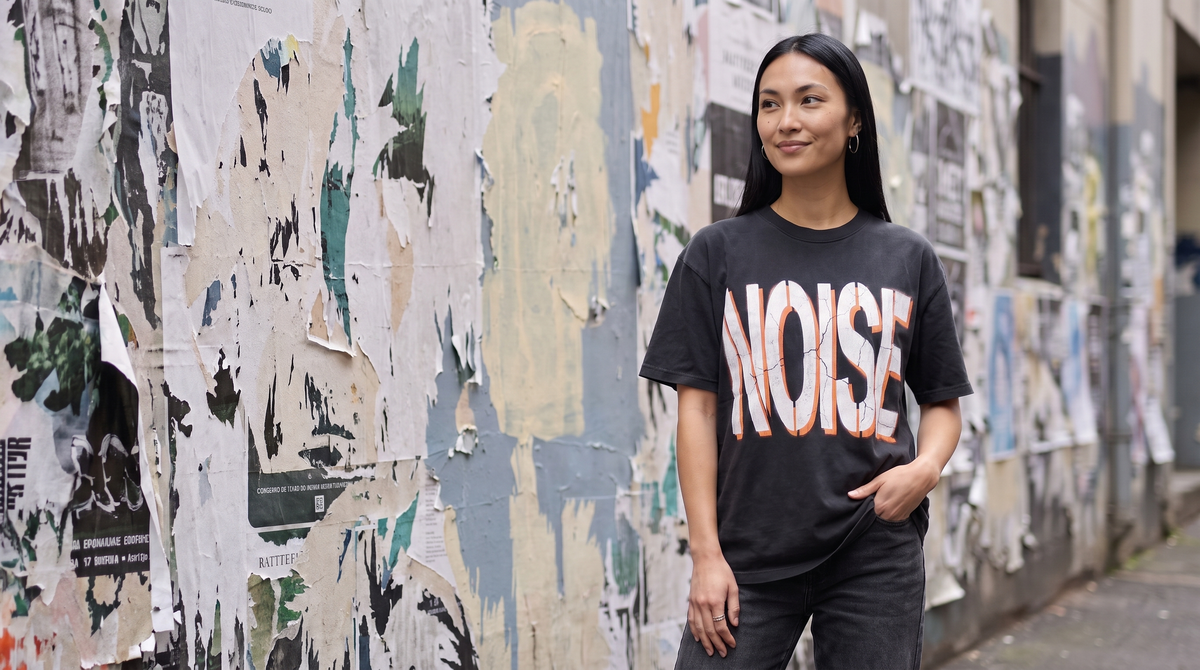 Coralyn - Noise oversized t-shirt in a Brunswick laneway